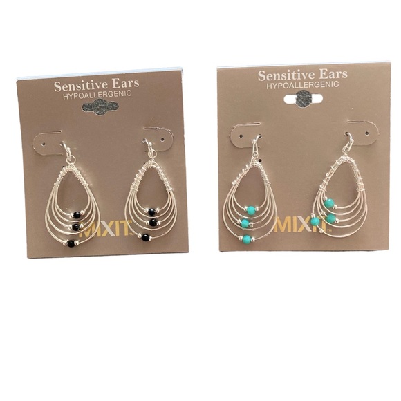 Mixit Sensitive Ears Silvertone Teardrop Shaped Beaded Earrings Set of 2 New - Picture 1 of 5